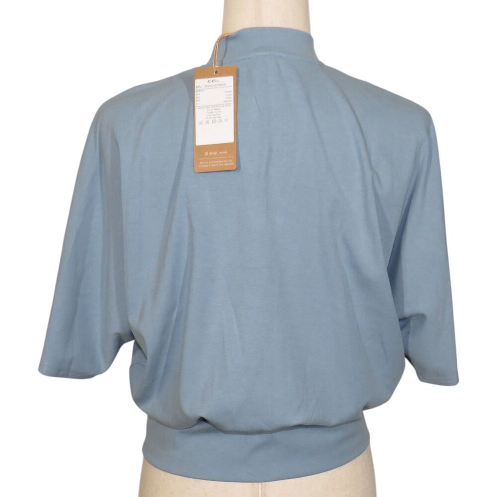 OGL Cotton Blend Stand Collar V-Neck Dolman Sleeve Top Blue Size Large - Picture 4 of 6